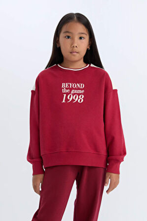 DeFacto Kız Çocuk Relax Fit Bisiklet Yaka Baskılı İçi Yumuşak Tüylü Sweatshirt D4274A824WNBR196
