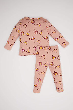 Kız Bebek Pijama Takımı Gökkuşağı Baskılı Uzun Kollu Fitilli Kaşkorse Üst Beli Lastikli Uzun Alt