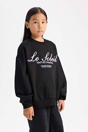 DeFacto Kız Çocuk Oversize Geniş Kalıp Bisiklet Yaka Baskılı Sweatshirt D4381A824WNBK81