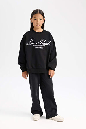 DeFacto Kız Çocuk Oversize Geniş Kalıp Bisiklet Yaka Baskılı Sweatshirt D4381A824WNBK81