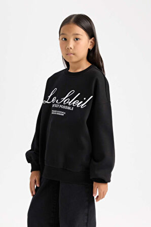 DeFacto Kız Çocuk Oversize Geniş Kalıp Bisiklet Yaka Baskılı Sweatshirt D4381A824WNBK81