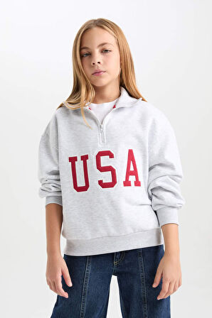 Kız Çocuk Relax Fit Yarım Fermuarlı Slogan Baskılı İçi Yumuşak Tüylü Sweatshirt