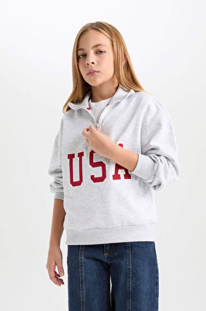 Kız Çocuk Relax Fit Yarım Fermuarlı Slogan Baskılı İçi Yumuşak Tüylü Sweatshirt