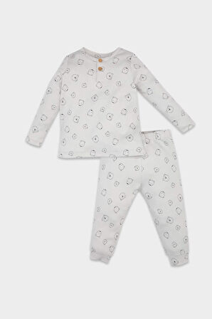 Erkek Bebek Ayı Desenli Uzun Kollu Fitilli Kaşkorse Pijama Takımı