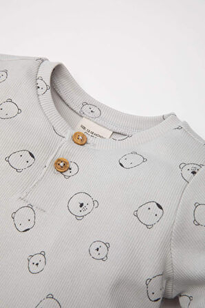 DeFacto Erkek Bebek Pijama Takımı Ayı Desenli Uzun Kollu Fitilli Kaşkorse Üst Beli Lastikli Uzun Alt D6808A5NSGR470