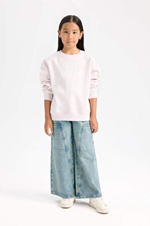 DeFacto Kız Çocuk Oversize Geniş Kalıp Bisiklet Yaka Sırt Baskılı İçi Yumuşak Tüylü Sweatshirt D4297A824WNPN423