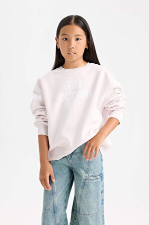 DeFacto Kız Çocuk Oversize Geniş Kalıp Bisiklet Yaka Sırt Baskılı İçi Yumuşak Tüylü Sweatshirt D4297A824WNPN423