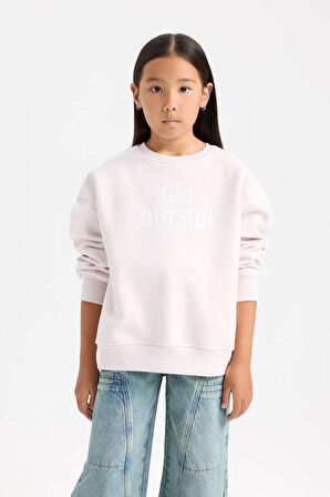 DeFacto Kız Çocuk Oversize Geniş Kalıp Bisiklet Yaka Sırt Baskılı İçi Yumuşak Tüylü Sweatshirt D4297A824WNPN423