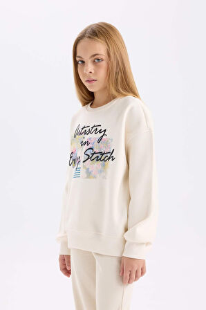 DeFacto Kız Çocuk Oversize Geniş Kalıp Bisiklet Yaka Baskılı İçi Yumuşak Tüylü Sweatshirt D4297A824WNER233