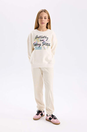 DeFacto Kız Çocuk Oversize Geniş Kalıp Bisiklet Yaka Baskılı İçi Yumuşak Tüylü Sweatshirt D4297A824WNER233