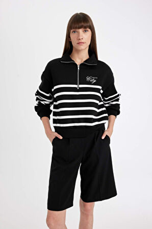 DeFacto Regular Fit Yarım Fermuarlı Dik Yaka Çizgili Kalın Sweatshirt D5297AX24AUBK81