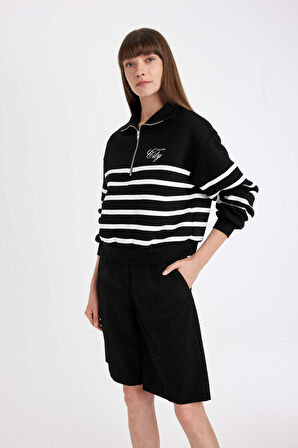 DeFacto Regular Fit Yarım Fermuarlı Dik Yaka Çizgili Kalın Sweatshirt D5297AX24AUBK81
