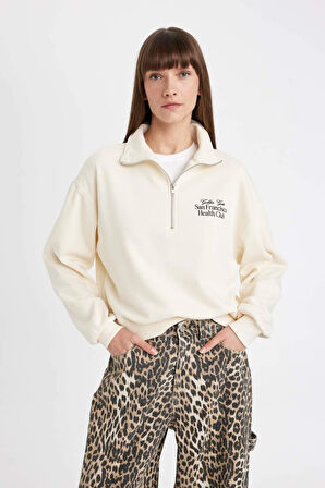 DeFacto Regular Fit Baskılı Yarım Fermuarlı Dik Yaka Kalın Sweatshirt D5298AX24AUBG759