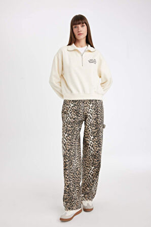DeFacto Regular Fit Baskılı Yarım Fermuarlı Dik Yaka Kalın Sweatshirt D5298AX24AUBG759