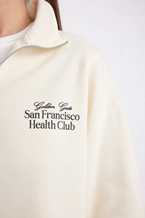 DeFacto Regular Fit Baskılı Yarım Fermuarlı Dik Yaka Kalın Sweatshirt D5298AX24AUBG759