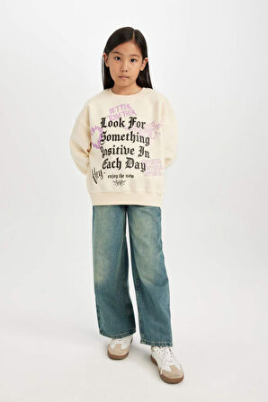 DeFacto Kız Çocuk Relax Fit Bisiklet Yaka Baskılı Sweatshirt D4387A824WNER99