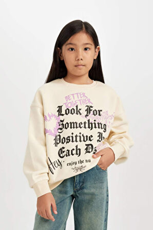 DeFacto Kız Çocuk Relax Fit Bisiklet Yaka Baskılı Sweatshirt D4387A824WNER99