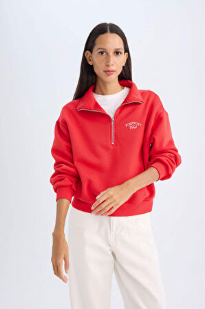 DeFacto Regular Fit Yarım Fermuarlı Baskılı Kalın Sweatshirt D5299AX24AURD117