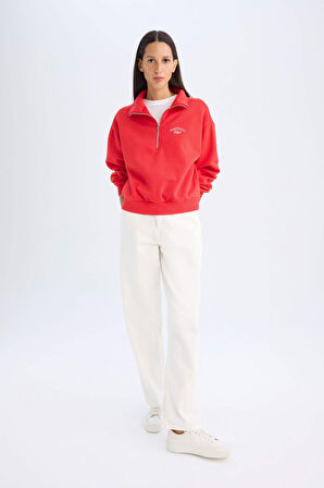 DeFacto Regular Fit Yarım Fermuarlı Dik Yaka Baskılı Kalın Kırmızı Sweatshirt D5299AX24AURD117
