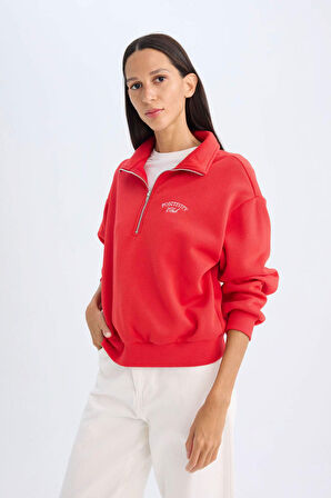 DeFacto Regular Fit Yarım Fermuarlı Dik Yaka Baskılı Kalın Kırmızı Sweatshirt D5299AX24AURD117