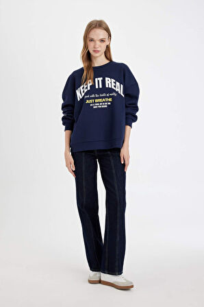 DeFacto Oversize Fit Bisiklet Yaka Baskılı Kalın Kumaş Sweatshirt D5186AX24AUNV31