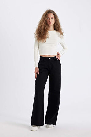 DeFacto Wide Leg Kışlık Gabardin Siyah Pantolon Geniş Bol Paça Normal Bel Basic Düz D3766AX24AUBK27