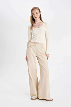 DeFacto Gabardin Kışlık Bej Pantolon Wide Leg Geniş Bol Paça Normal Bel Basic Düz D3766AX24AUBG743