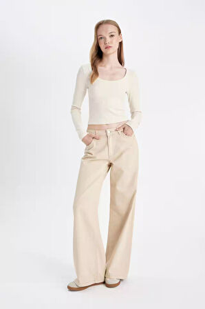 DeFacto Gabardin Kışlık Bej Pantolon Wide Leg Geniş Bol Paça Normal Bel Basic Düz D3766AX24AUBG743