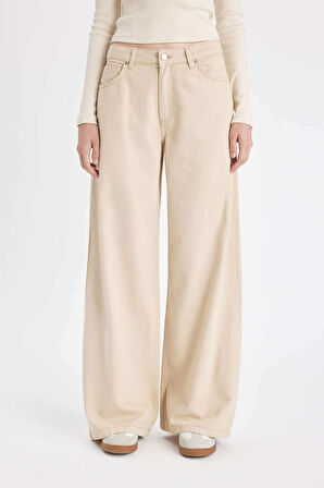 DeFacto Gabardin Kışlık Bej Pantolon Wide Leg Geniş Bol Paça Normal Bel Basic Düz D3766AX24AUBG743