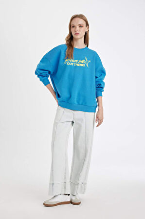 DeFacto Loose Fit Bisiklet Yaka Sırt Baskılı Kalın Sweatshirt D5185AX24AUBE423