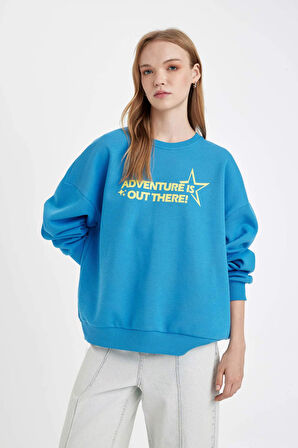 DeFacto Loose Fit Bisiklet Yaka Sırt Baskılı Kalın Sweatshirt D5185AX24AUBE423