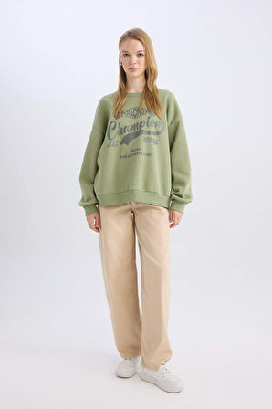 DeFacto Coool Oversize Geniş Kalıp Bisiklet Yaka Baskılı Kalın Sweatshirt D5384AX24AUKH461