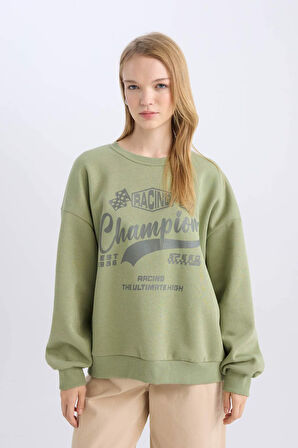 DeFacto Coool Oversize Geniş Kalıp Bisiklet Yaka Baskılı Kalın Sweatshirt D5384AX24AUKH461