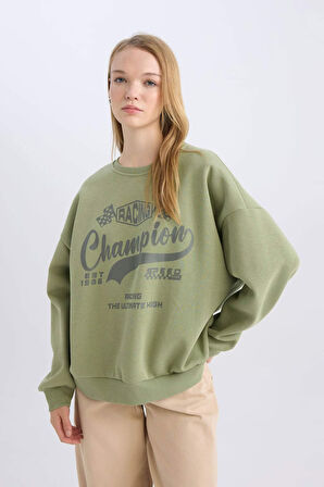 DeFacto Coool Oversize Geniş Kalıp Bisiklet Yaka Baskılı Kalın Sweatshirt D5384AX24AUKH461