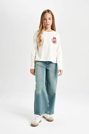 DeFacto Kız Çocuk Relax Fit Bisiklet Yaka Baskılı Uzun Kollu Tişört D4270A824WNER233