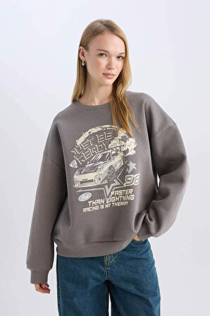 Coool Oversize Fit Bisiklet Yaka Baskılı Kalın Kumaş Sweatshirt