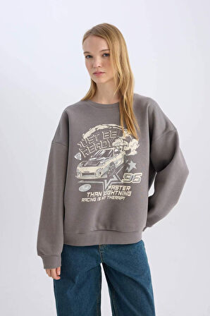 Coool Oversize Fit Bisiklet Yaka Baskılı Kalın Kumaş Sweatshirt