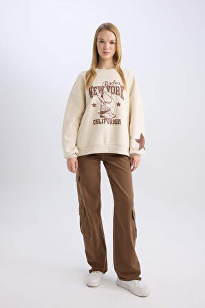 Coool Oversize Fit Bisiklet Yaka Baskılı Kalın Kumaş Sweatshirt