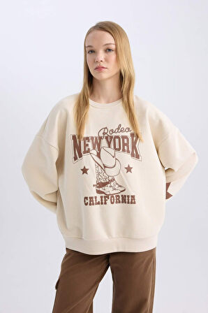 Coool Oversize Fit Bisiklet Yaka Baskılı Kalın Kumaş Sweatshirt