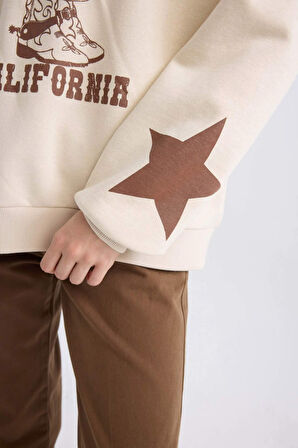 DeFacto Coool Oversize Geniş Kalıp Bisiklet Yaka Baskılı Kalın Sweatshirt D5306AX24AUER42