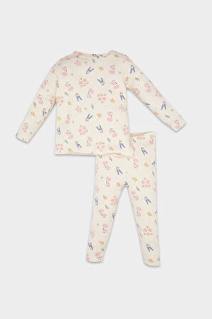 DeFacto Kız Bebek Pijama Takımı Çiçekli Uzun Kollu Fitilli Kaşkorse Üst Beli Lastikli Uzun Alt D6803A5NSER140