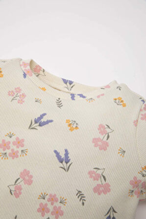DeFacto Kız Bebek Pijama Takımı Çiçekli Uzun Kollu Fitilli Kaşkorse Üst Beli Lastikli Uzun Alt D6803A5NSER140