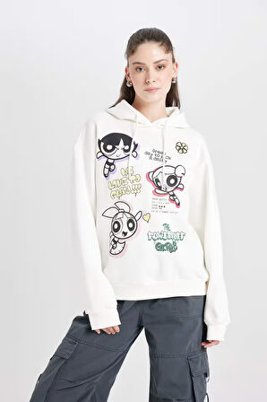 DeFacto Coool PowerPuff Girls Oversize Geniş Kalıp Kapüşonlu Baskılı Kalın Sweatshirt D4846AX24WNWT32