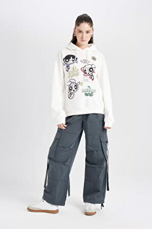 Coool PowerPuff Girls Oversize Fit Kapüşonlu Baskılı Kalın Kumaş Sweatshirt