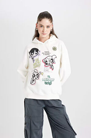Coool PowerPuff Girls Oversize Fit Kapüşonlu Baskılı Kalın Kumaş Sweatshirt