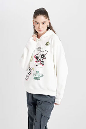 Coool PowerPuff Girls Oversize Fit Kapüşonlu Baskılı Kalın Kumaş Sweatshirt
