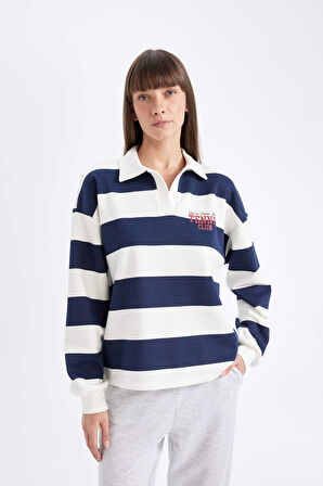 DeFacto Relax Fit Polo Yaka Baskılı Kalın Sweatshirt D5926AX24AUNV42