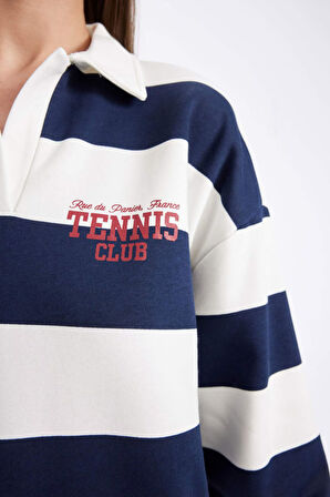 DeFacto Relax Fit Polo Yaka Baskılı Kalın Sweatshirt D5926AX24AUNV42