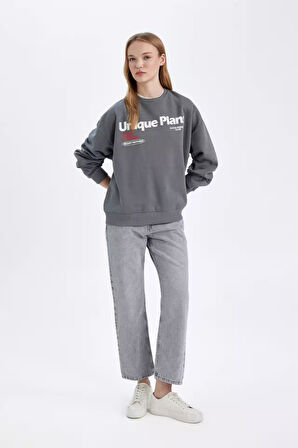 DeFacto Loose Fit Bisiklet Yaka Sırt Baskılı Kalın Sweatshirt D6565AX24WNGR449