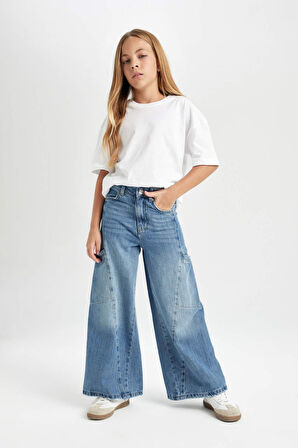 DeFacto Kız Çocuk Wide Leg Kargo Cepli Geniş Bol Paça Jean Pantolon D4689A824AUNM63
